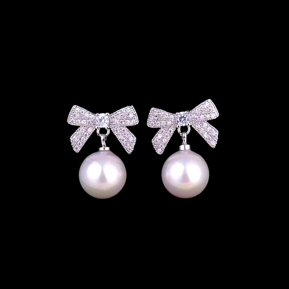 Sparkly Bow Pearl Drop Earrings Elegant Feminine Coquette Style